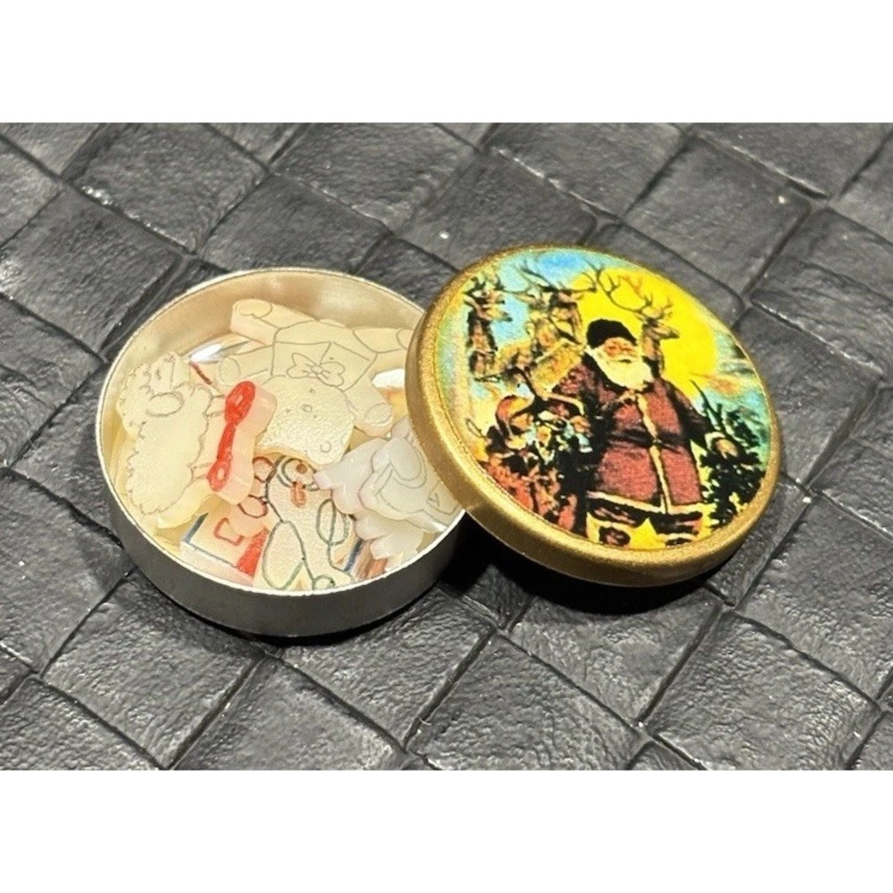 Vintage Dollhouse Miniature Christmas Tin Filled With Micro Toys. NOS. 1 Inch